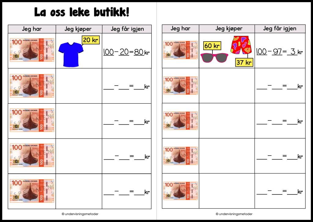 Butikk og penger 19 la oss leke butikk 100 kr