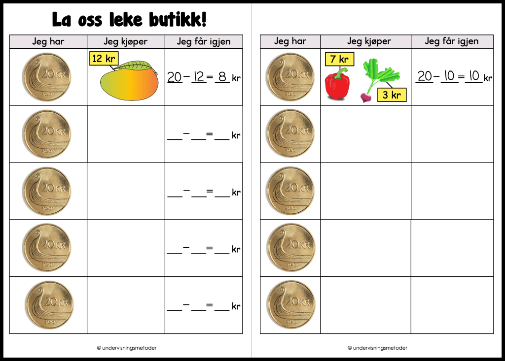 Butikk og penger 17 la oss leke butikk 20 kr