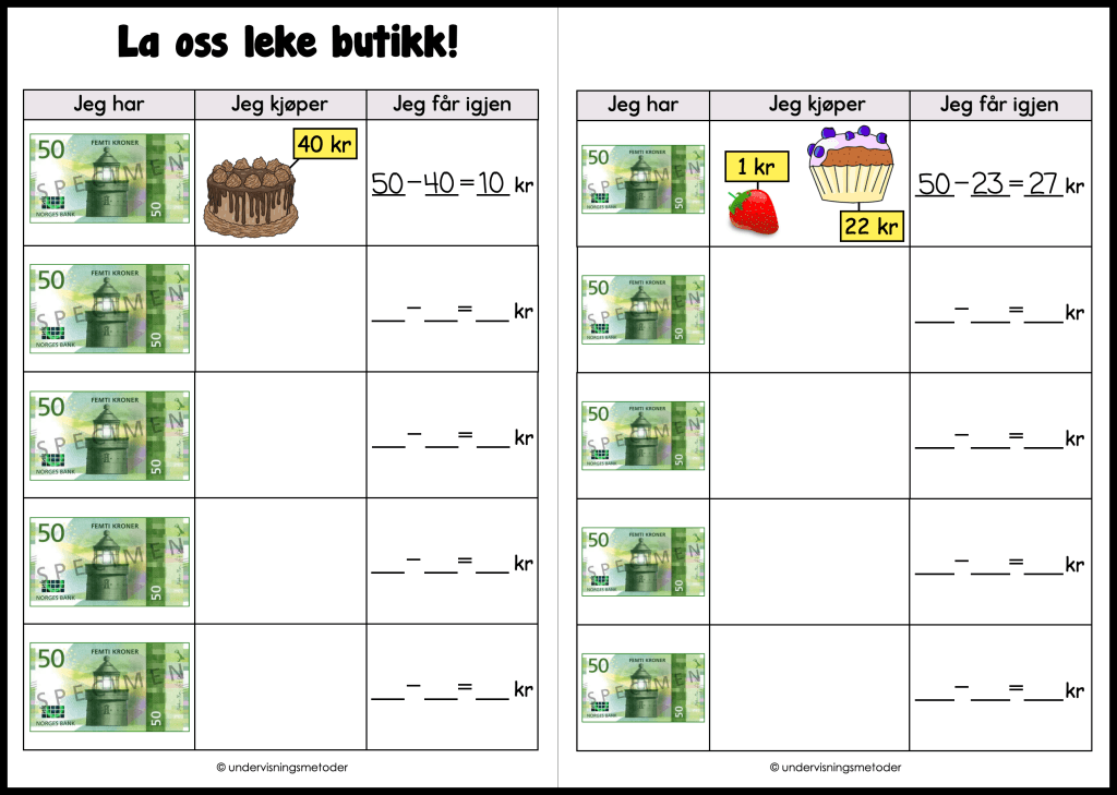 Butikk og penger 18 la oss leke butikk arbeidsark